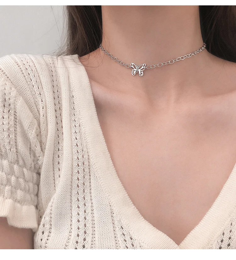 LIVVY فضي اللون موضة الإبداعية عقد بحلية متدلية على شكل فراشة قلادة امرأة بسيطة سلسلة الترقوة مزاجه الهدايا