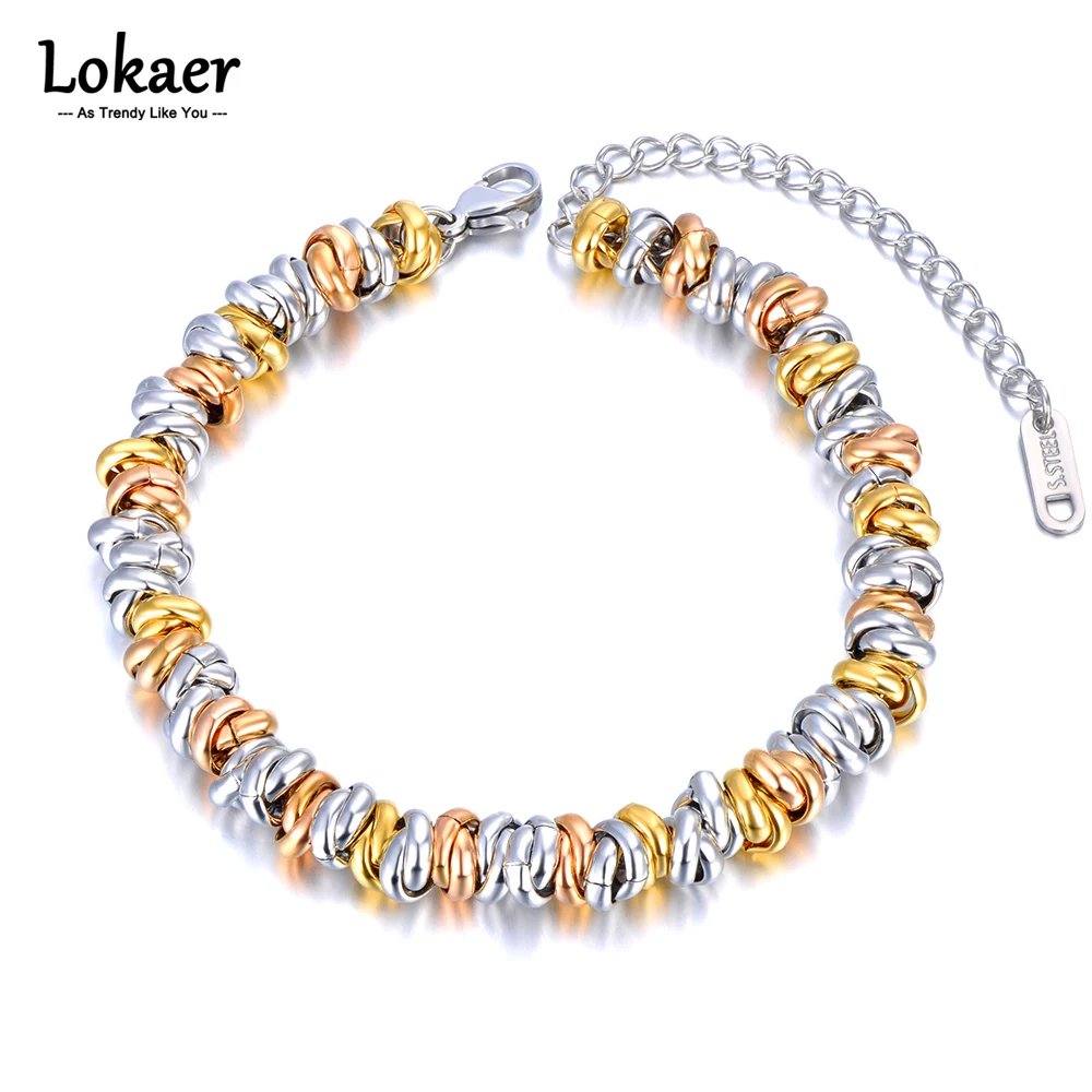 Lokaer Trendy There Gold Color Stainless Steel Round Circle Beaded Bracelets Jewelry For Women Girls Браслет pulseras B23027