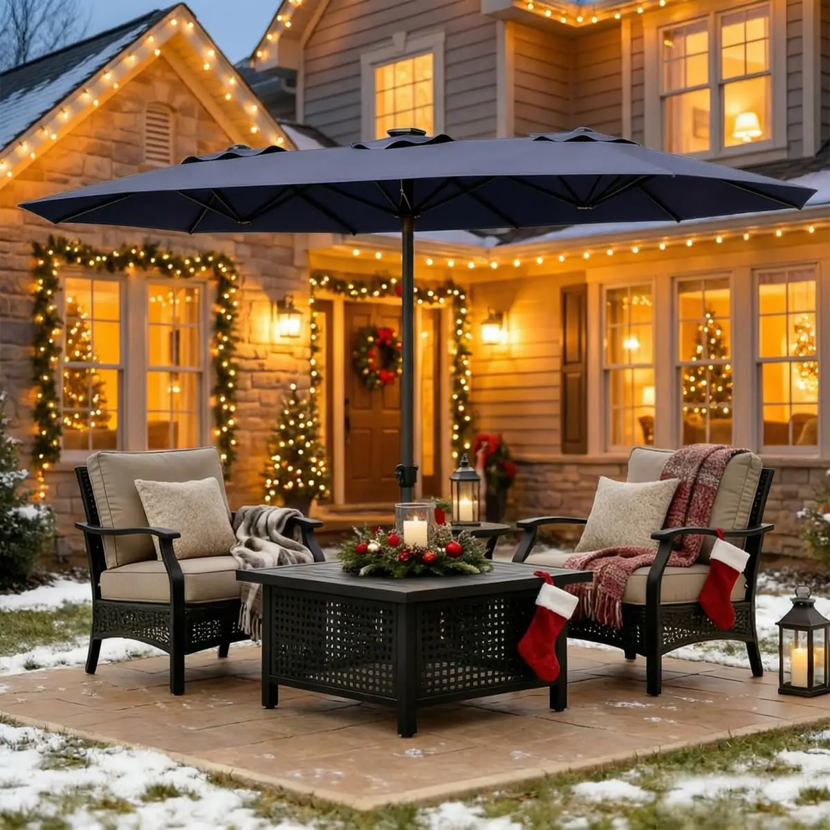 Large Patio Umbrella with Base Included, Double-Sided Rectangle Market Umbrella with Cross Base and Sandbag for Pool