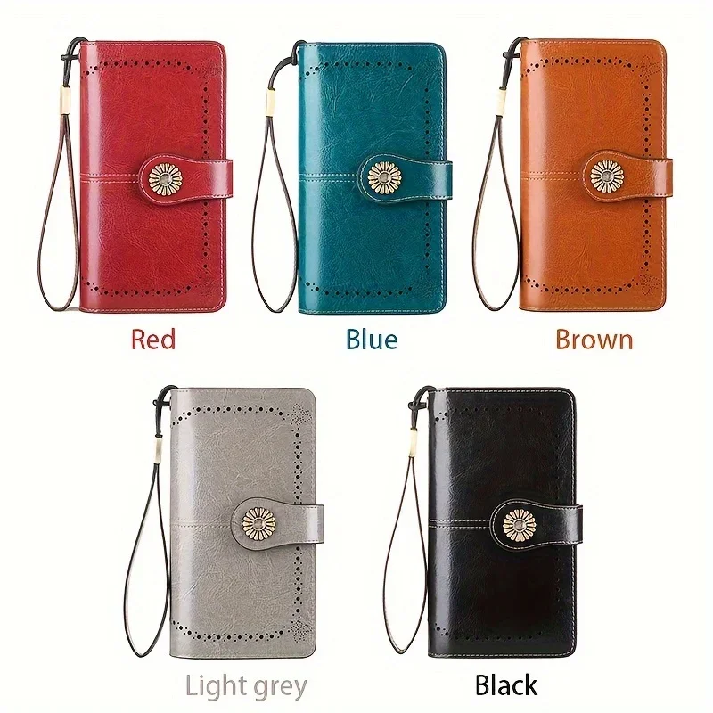 Carteira longa elegante feminina com alça de pulso removível, couro esculpido oco, porta-cartões de bloqueio multifuncional, lar