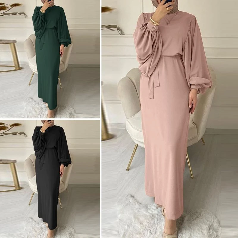 

Muslim Women's Maxi Dress Lantern Sleeve Waistband Casual Robe Islamic Lady Modest Long Abaya Ramadam Eid Girls Evening Kaftan