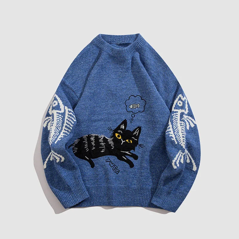 Retro Loose Sweater Men's Harajuku Kitten Printed Knitted Sweater Autumn and Winter Y2k Fashionable Street Pullover