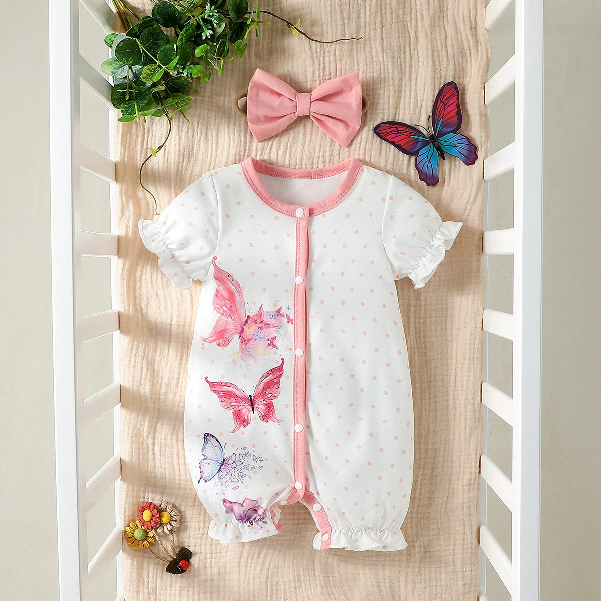 

Baby Gilrs Summer Short Sleeve Polka dot& Cartoon Butterfly Cute Daily Jumpsuit Newborn-24M +Headband