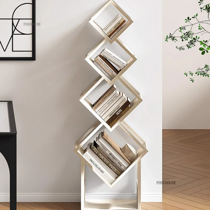 Rotating Iron Bookshelf Creative Design Living Room Corner Storage Rack Simple Modern Library Display Unit Home Furniture