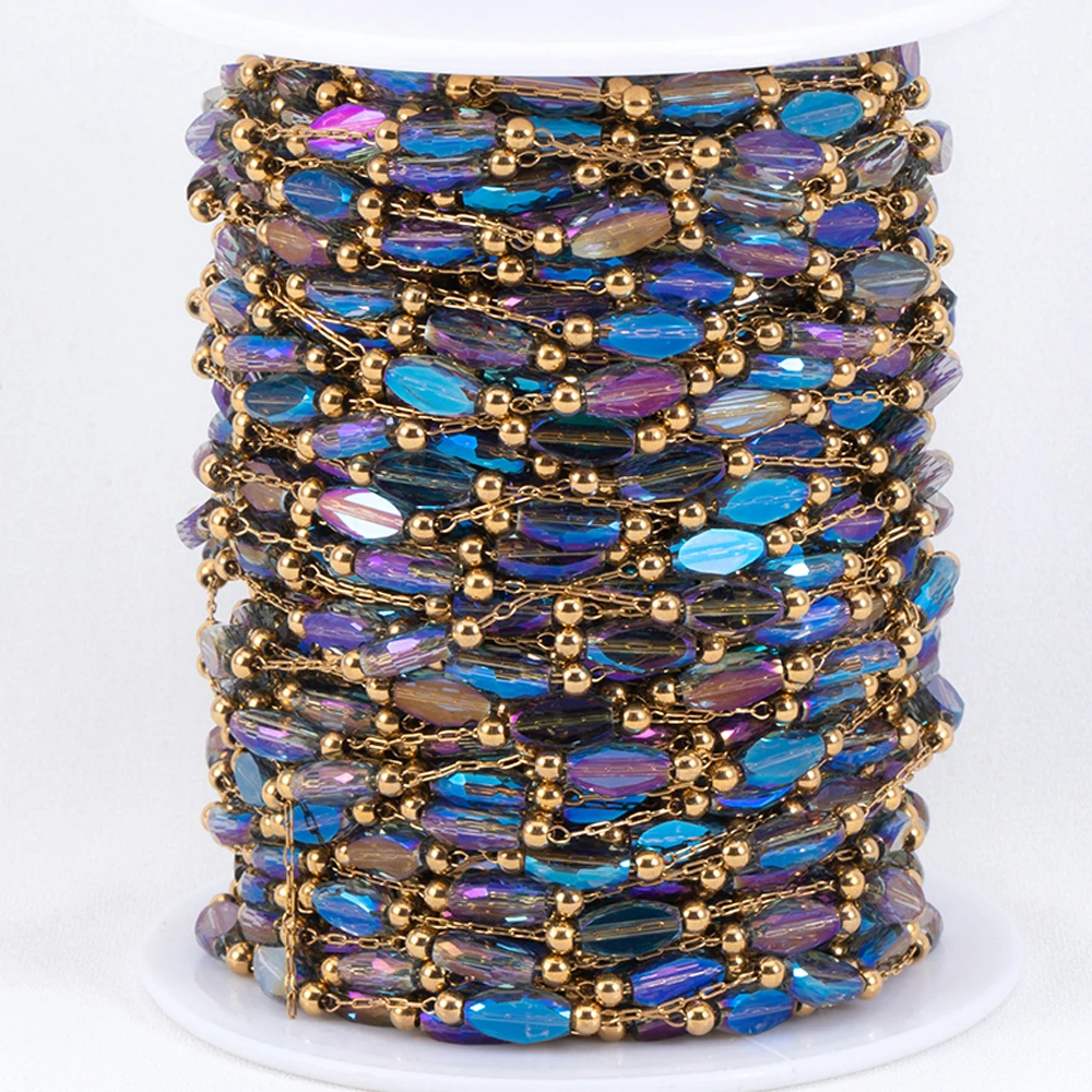 2Meters 1Meter Stainless Steel Chain Shiny Blue Stone Beads Beaded Chains for Necklace Bracelet Jewelry Making DIY Accessories