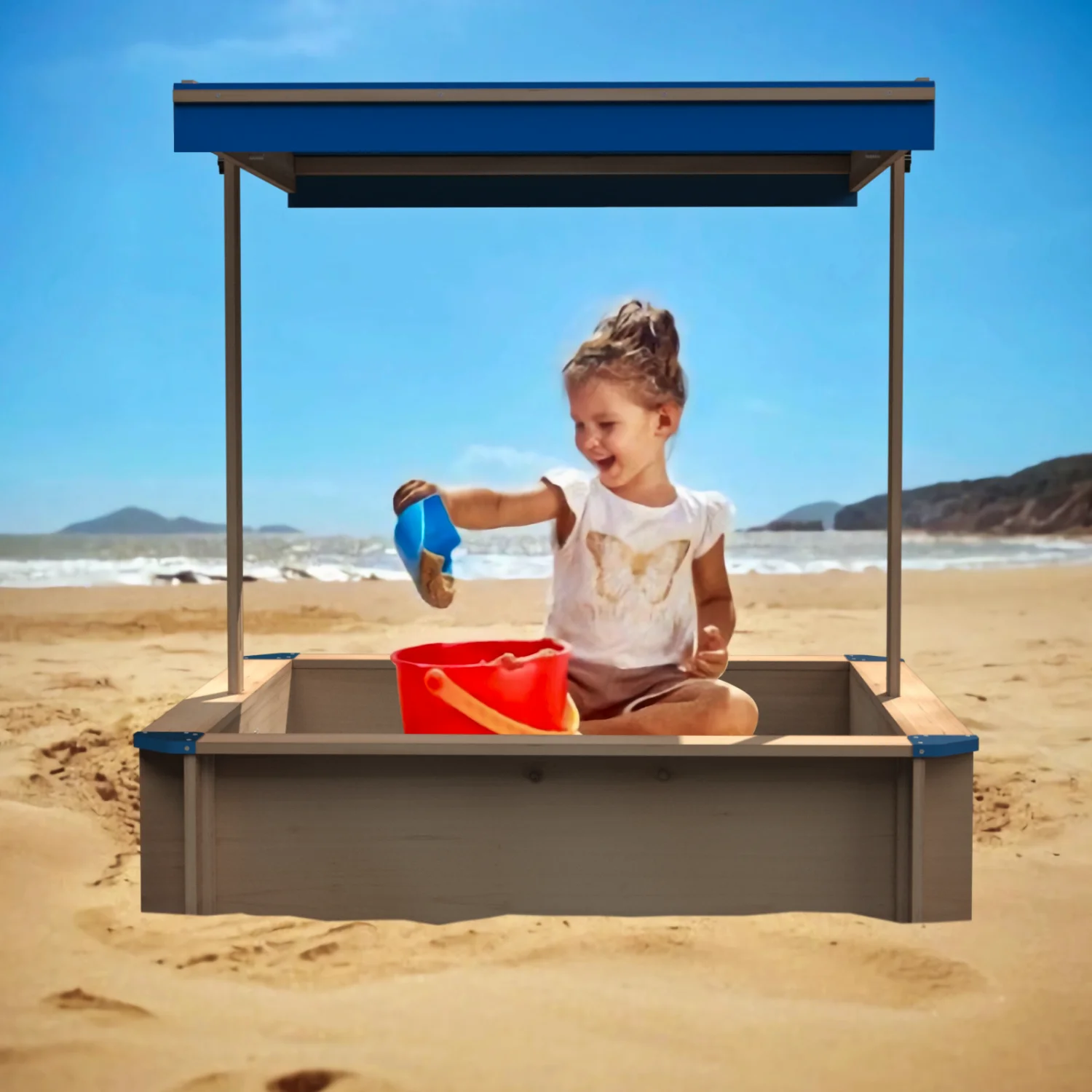 

Children's Wooden Sandbox with Adjustable Canopy, Sand box with cover for Garden, Sand Pit for Kids Wood Playset Beach Patio Out