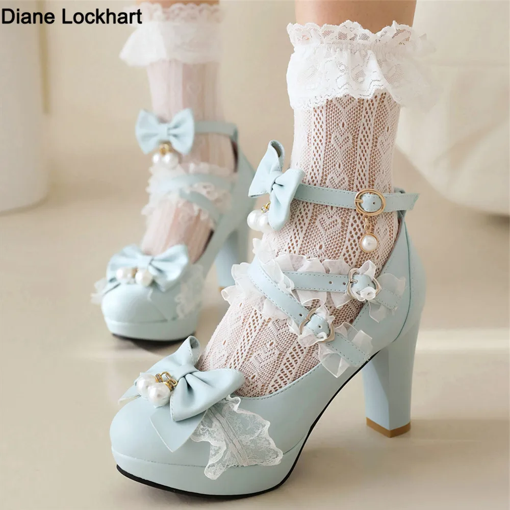 Lolita Japanese Pearl Bow Jk Sweet Cute Strap Super High Heeled Round Head Student Shoes Kawaii Girl Tea Party Cos Loli Vintage