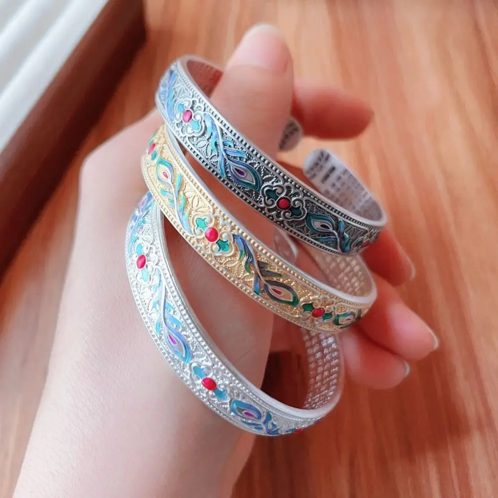 

Flower Phoenix Feather Enamel Bracelet Classic Traditional Women's Hand Bracelet Adjustable Ethnic Chinese Cloisonne Bracelet