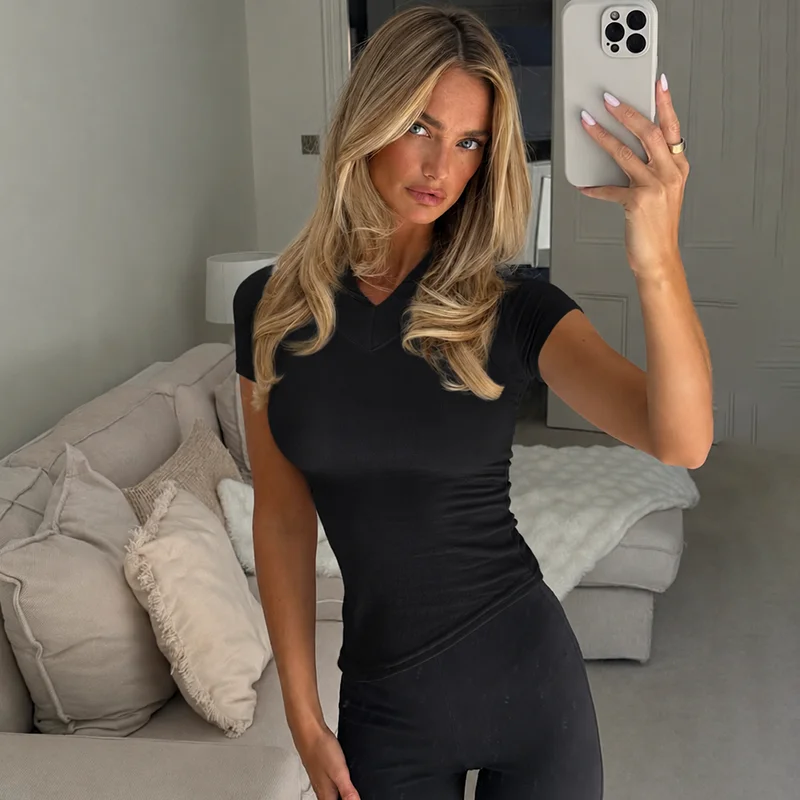 V-Ausschnitt Kurzarm-T-Shirt für Damen, Sommer 2026, Tanktops, sexy, schmal geschnitten, weiche Mischgewebe, seitliche Schlitze, lässige Basic-Tops, Shirts – Detail 6