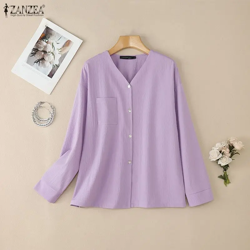 

2026 ZANZEA Women V Neck Long Sleeve Blouse Spring Fashion Shirt Casual Solid Buttons Up Tops Female OL Work Shirts Oversize