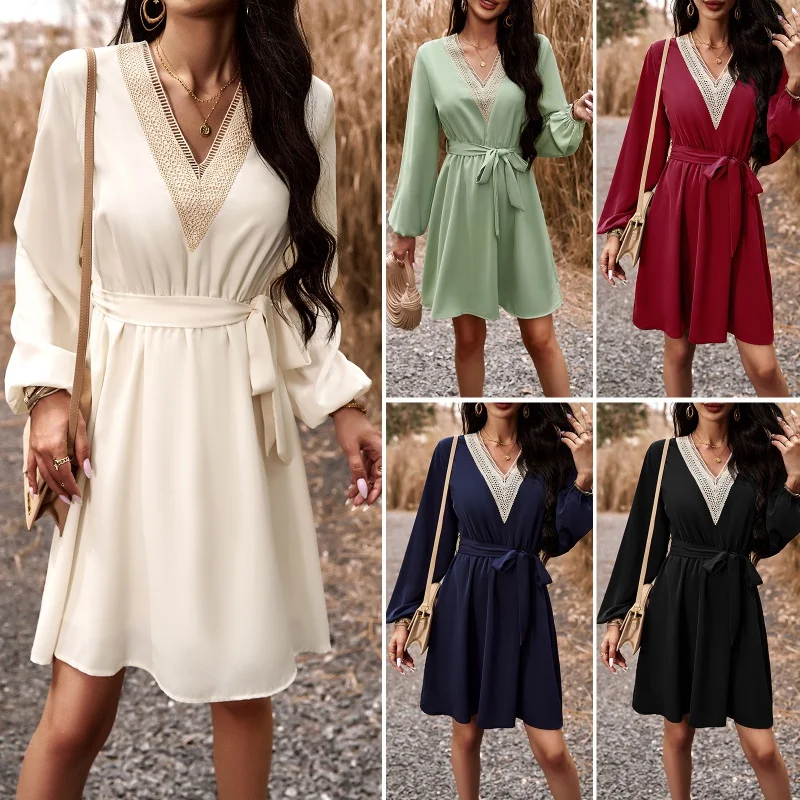 

DY-Dress Autumn and Winter Elegant TemperamentVCollar Long Sleeve Dress Long Dress