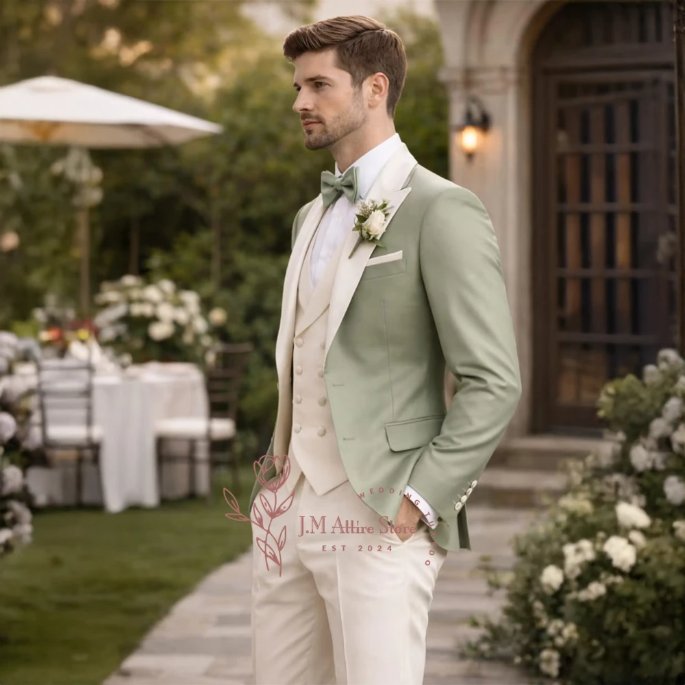 Elegant Men's Suit 3pcs Set Sage Green Jacket Ivory Vest Pants Custom Slim Fit for Wedding Prom Party Business Formal Tuxedo