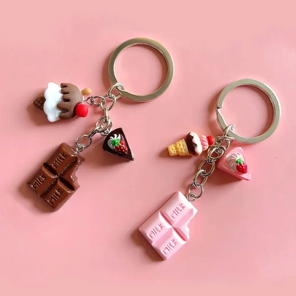 Lovely Resin Dessert Food Keychain For Women Bag Decoration Creative Simulation Chocolate Ice Cream Key Ring Girl Handmade Gifts