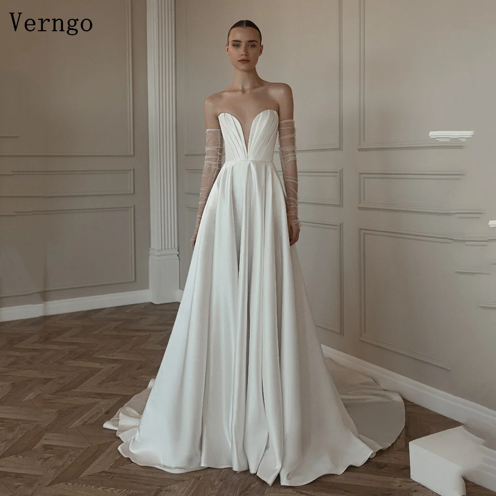 

Verngo lvory Satin Wedding Dress Sweetheart A Line Simple Bridal Gowns Women Sweap Train Bride Dresses Customized