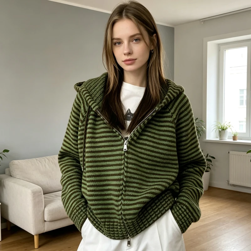 Classic Striped Zip Up Hooded Cardigan Long Sleeve Loose Fit Autumn Winter Knit Sweater Korean Style Casual Outerwear Jacket