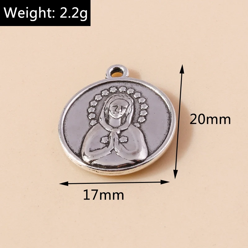 Leslie 10 Stück silberfarbene Statement-Anhänger in runder Form mit Jungfrau-Maria-Motiv, passend für DIY-Halsketten, 26 x 15 mm, Metalllegierung – Detail 1