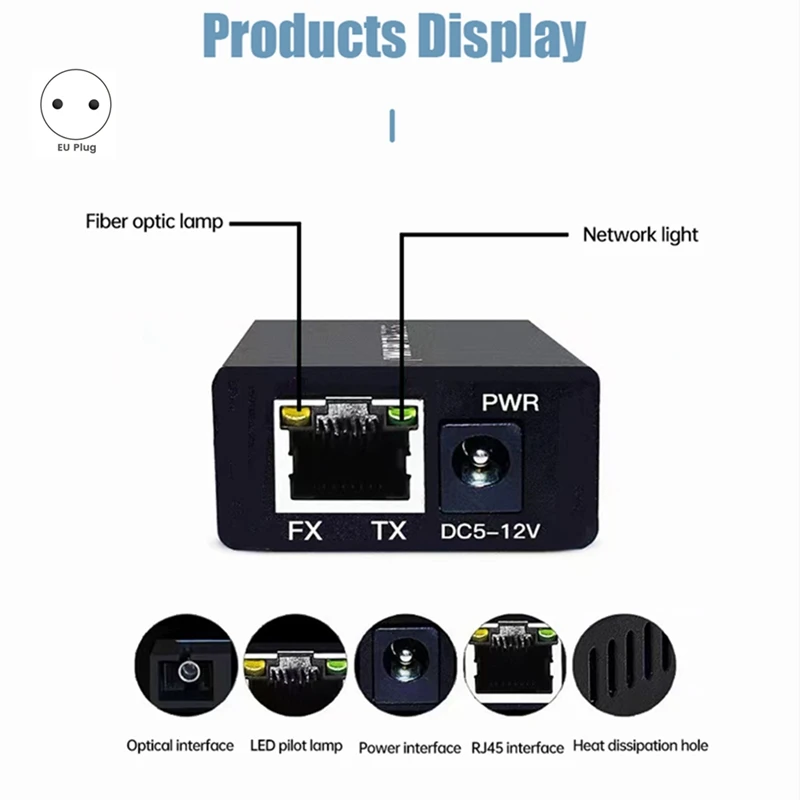 10/100M Mini Fiber Media Converter Single Mode 155Mbps Fiber Optical Transceiver Black EU-Plug 1Set