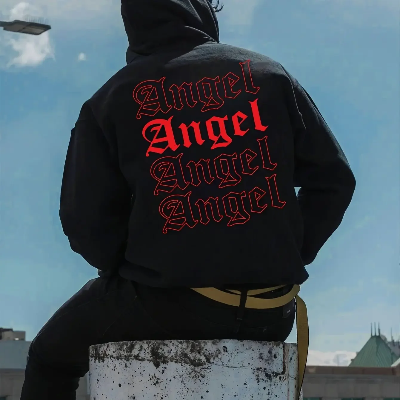 Men's Retro Aesthetic Old-fashioned English Font Angel Overlapping Pattern Loose Street Style Pullover Hoodie