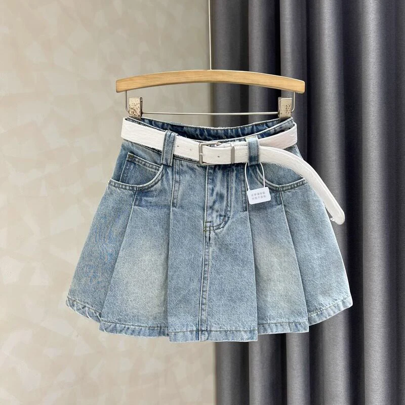 Light Blue Pleated Denim Mini Skirt For Women Summer High Waist A-Line Casual Shirts Streetwear Spice Girls Short Jean Skirts