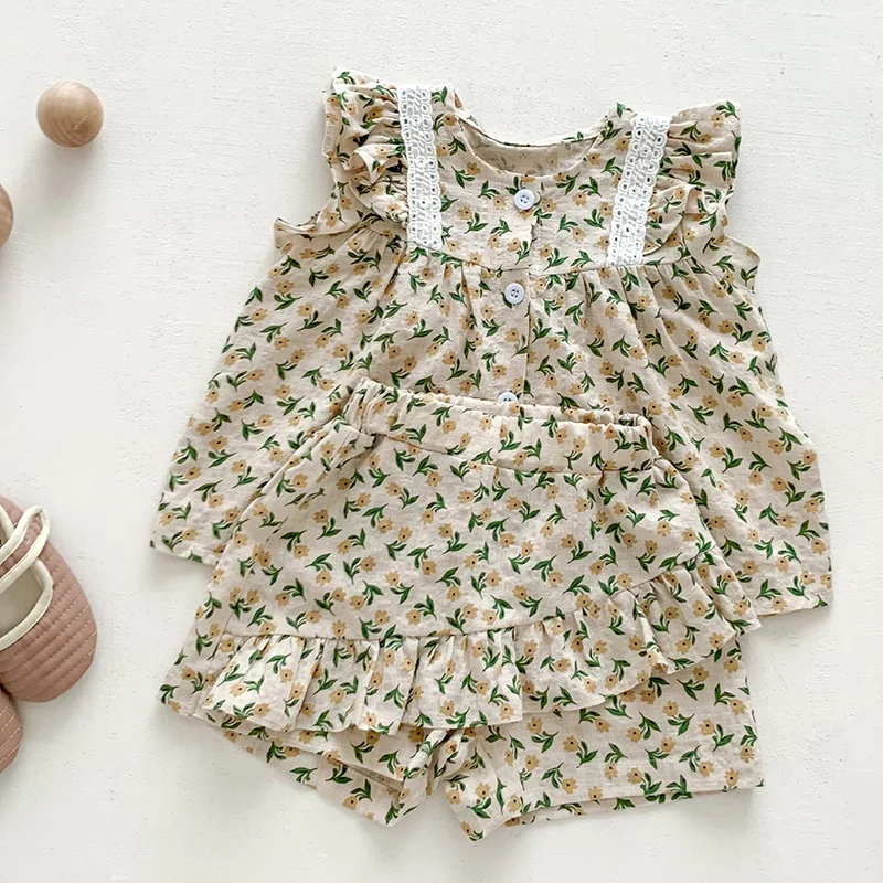 

Summer Newborn Baby Girls Clothing Suit Sleeveless Cotton Flower Printed Vest+Shorts Children Clothing Set