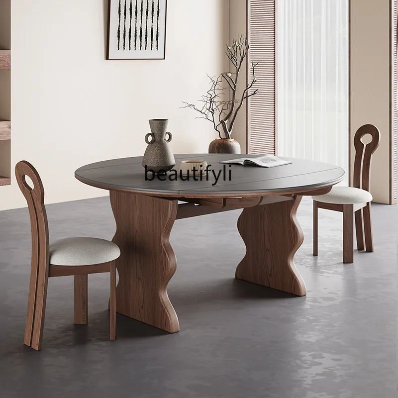 

Solid Wood Folding Dining Table Convertible Round Table Extendable Modern Simple American Style Home Use Small Apartment