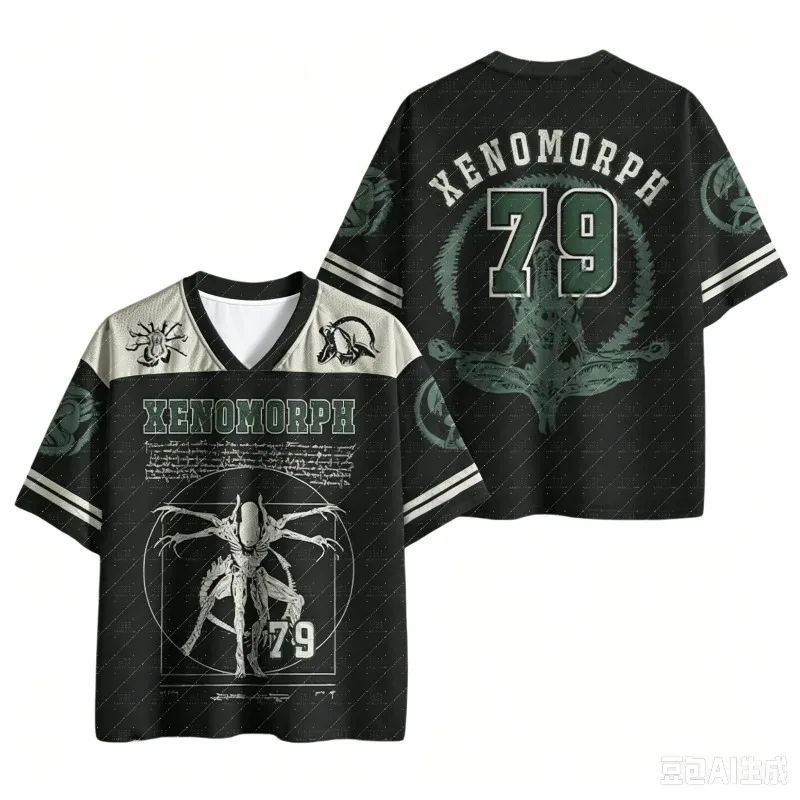 2026 New Loose V Neck Football Jersey Retro Sci-Fi Creature Sketch Number 79 Print Black Beige Striped Short Sleeve Sports Top