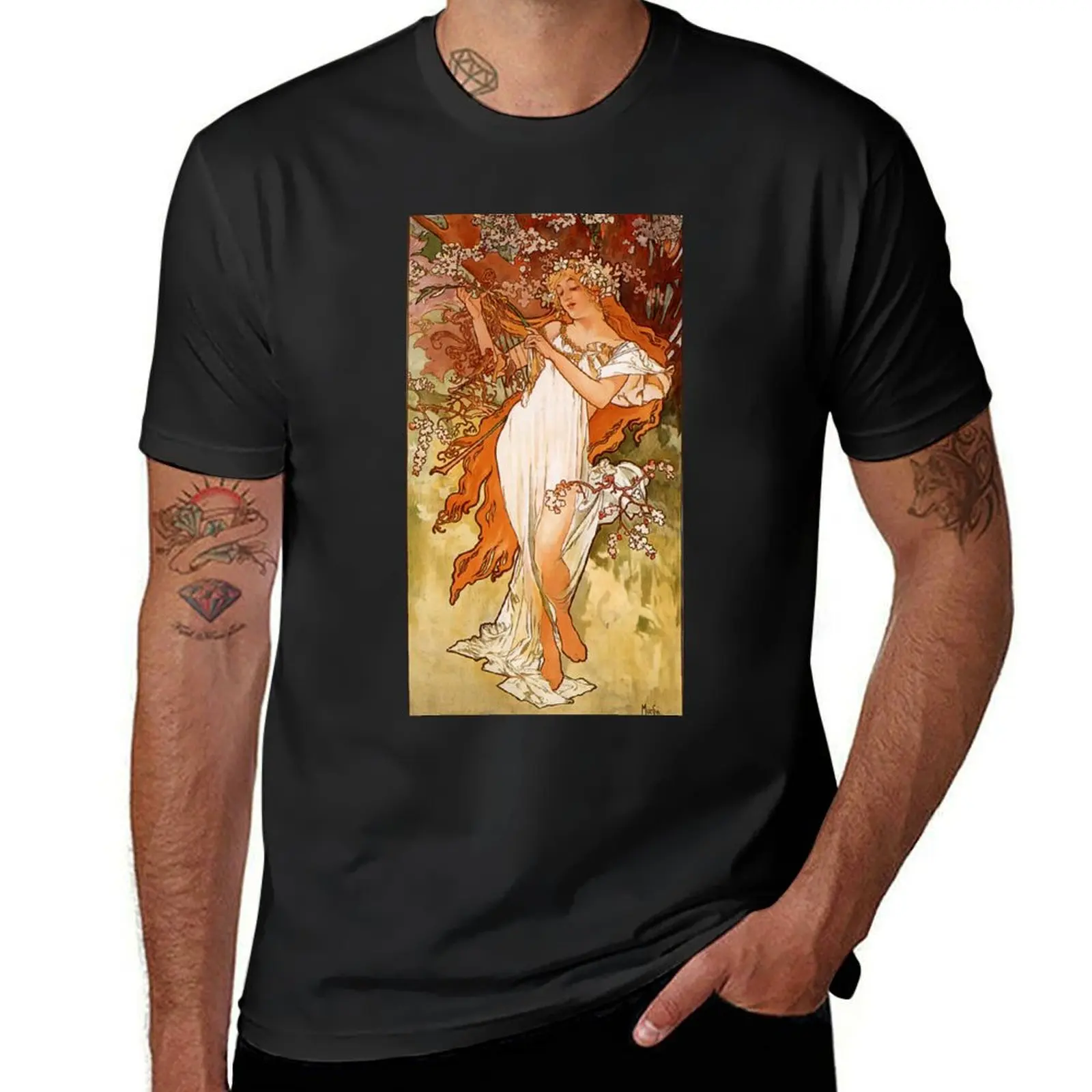 Spring, The Seasons (1896) - Alphonse Mucha T-Shirt oversized summer clothes T-shirts for men cotton