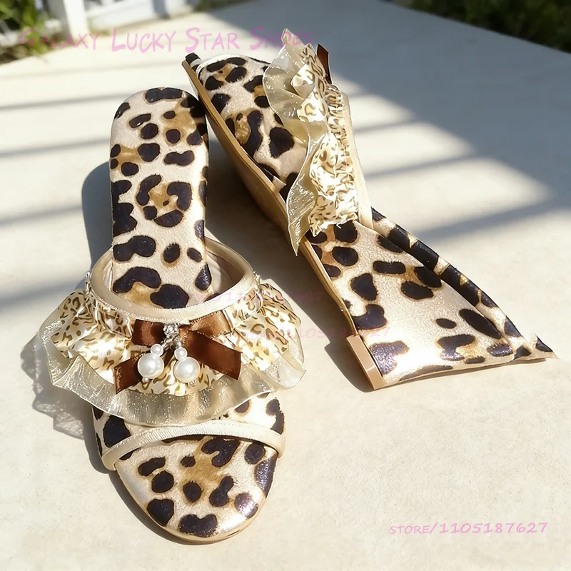 

Leopard Print Grey Brown Lace Ruffle Wedge Sandal Women Open Heel Pearl Beaded Tassel Black White Polka Dot Concise Pattern Shoe