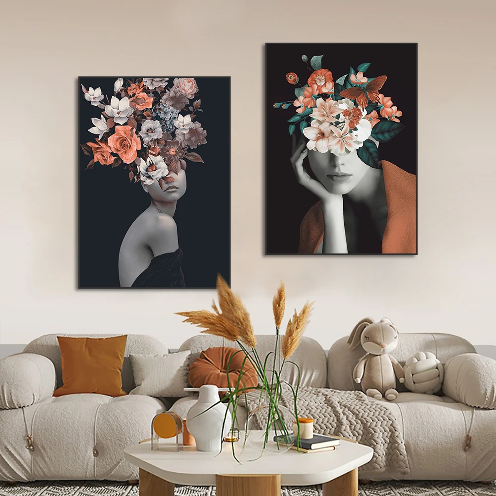 

Nordic Girl Head With Flowers Canvas Painting Modern Figure Posters Fashion Wall Art Pictures For Living Room Home Decor