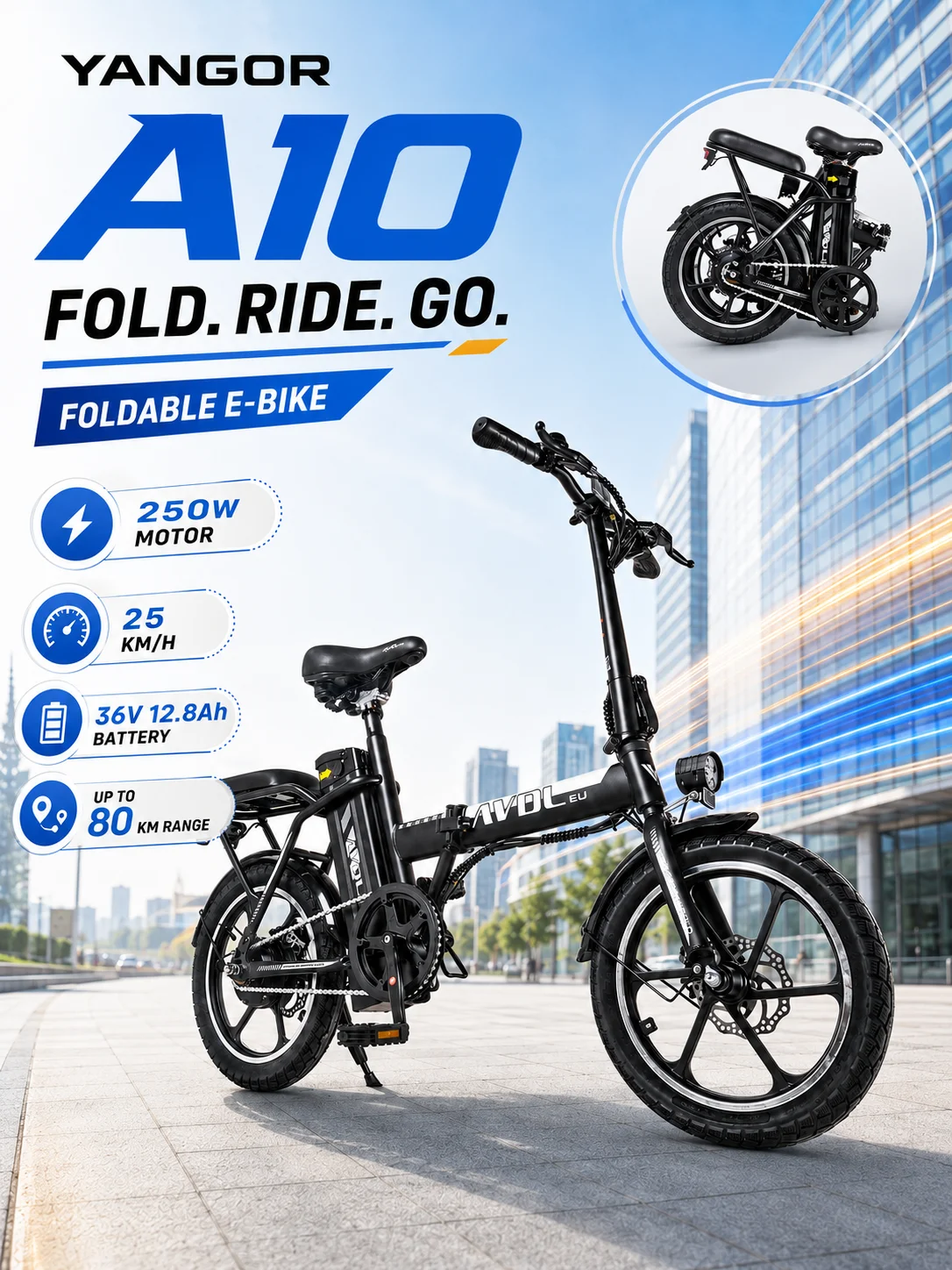 YANGOR A10 E-Bike, faltbar, 250W Motor, 25 km/h, 80 km Reichweite, 36V 12,8Ah herausnehmbarer Akku, 16-Zoll-Reifen, City-Elektrofahrrad
