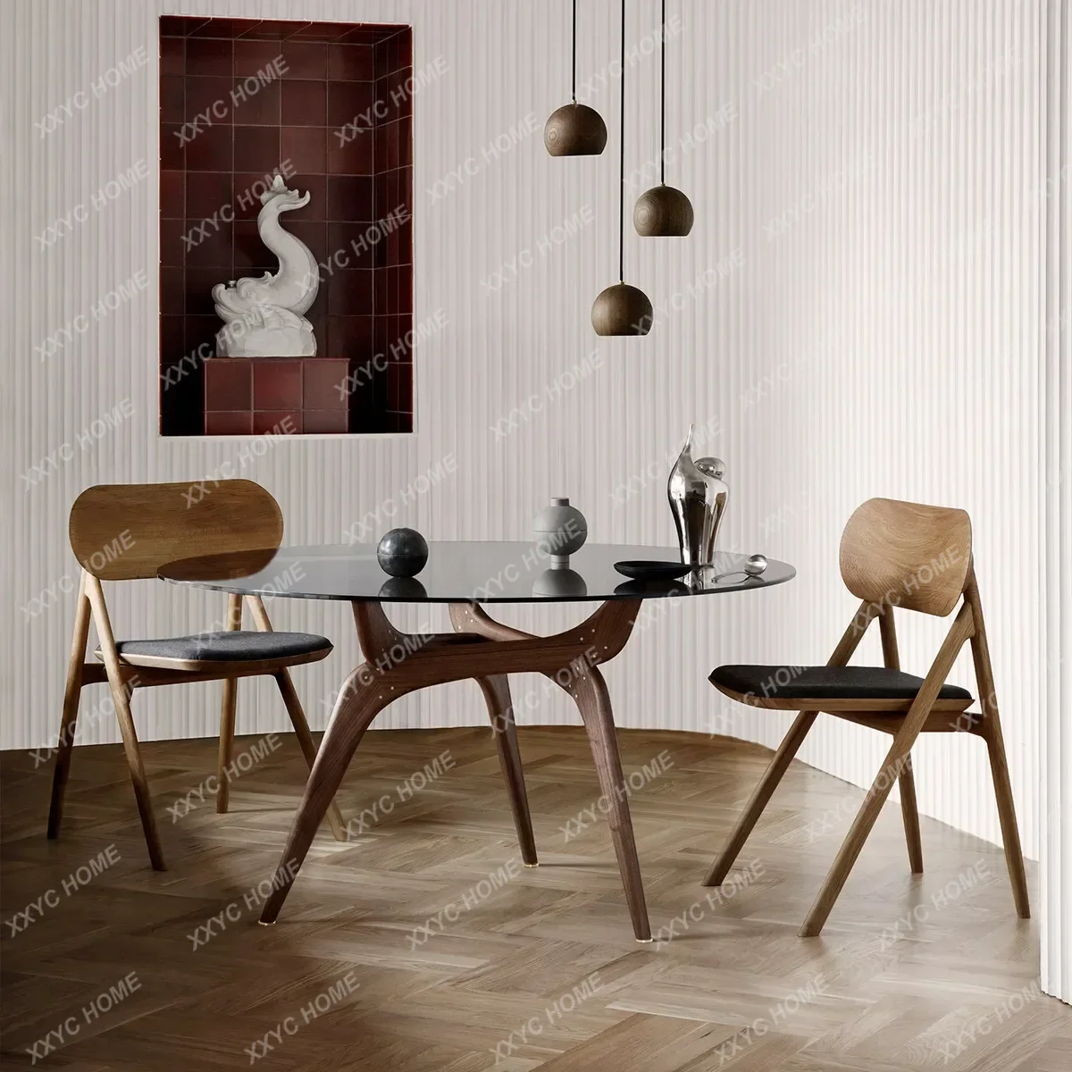 CXDZ  North American black walnut log dining table Modern, tempered glass round dining table Very simple dining table