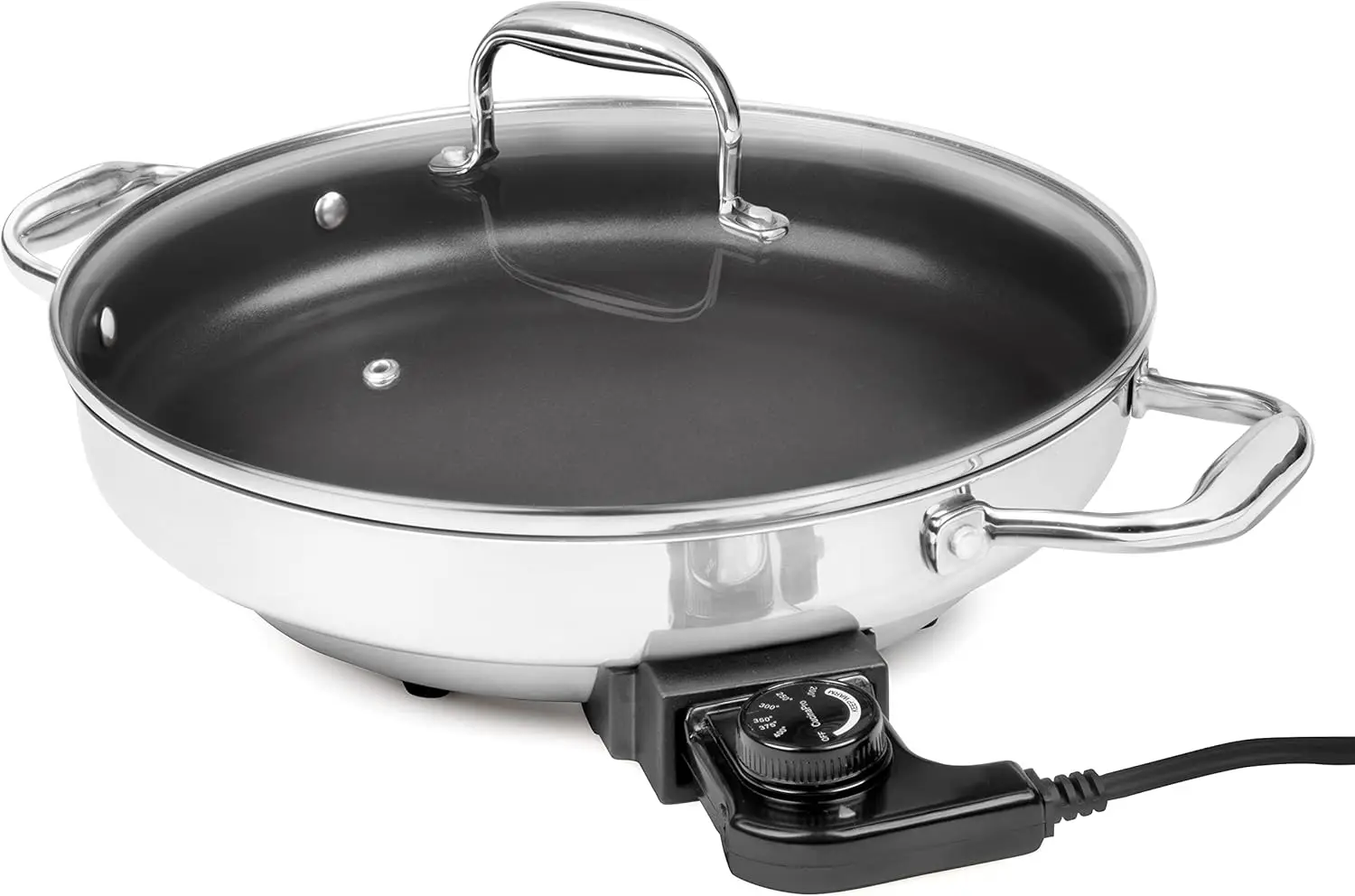 

Electric Skillet By Cucina Pro - 18/10 Stainless Steel, Frying Pan with Non Stick Interior, Tempered Glass Lid with Handles