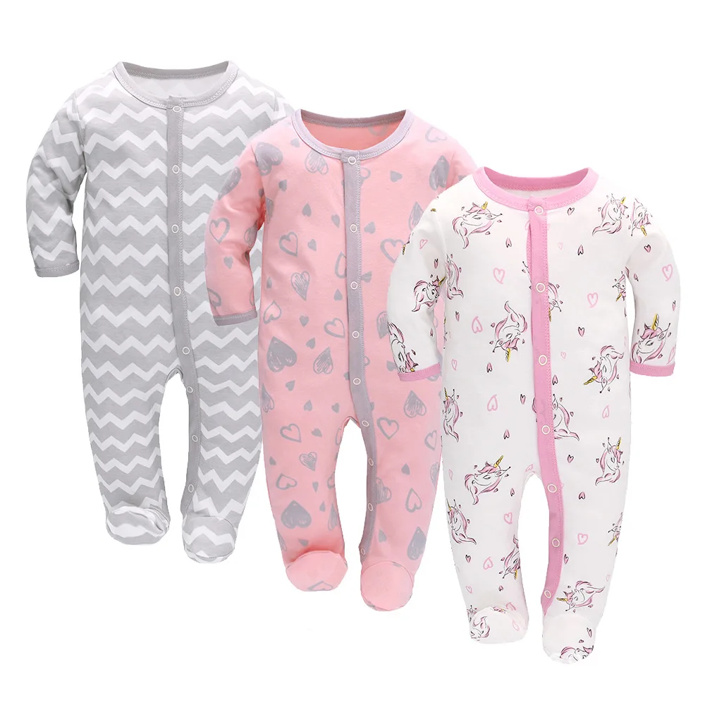 0-7M 3pcs Newborn Baby Cotton Footie Pajamas Infant Boy Girl Long Sleeve Onesies Jumpsuit Autumn Winter Sleepwear Rompers Clothe