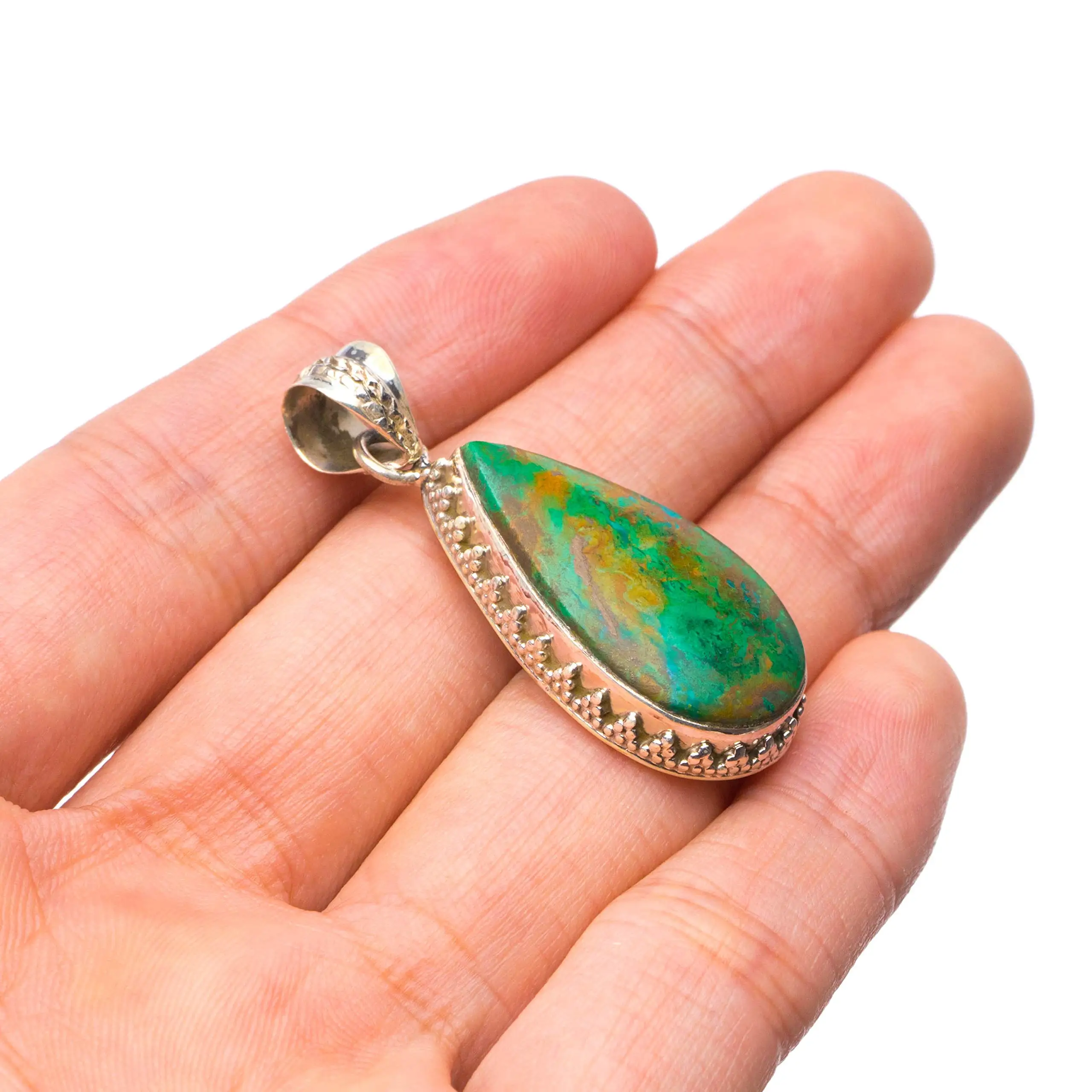 

StarGems® Natural Chrysocolla Handmade Boho 925 Sterling Silver Pendant 1 1/2" T0289