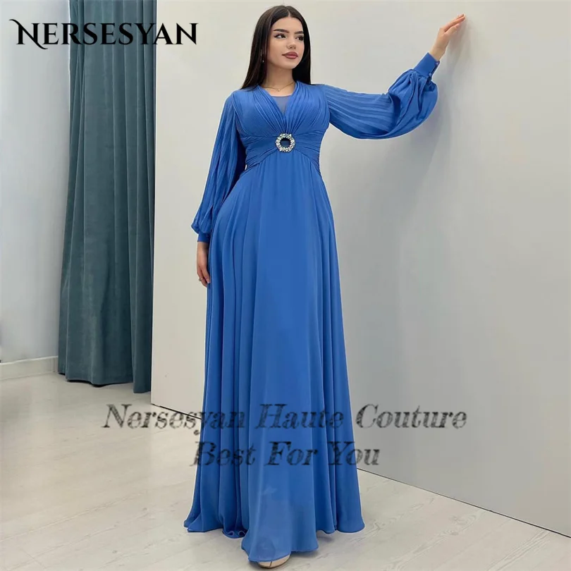 Nersesyan Blue Modern Chiffon Formal Evening Gowns A Line Draped Party Dresses Puff Long Sleeves Pleats 2023 Vestidos De Fiesta