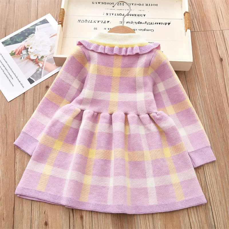 Vestido suéter de otoño/invierno para niñas de 0 a 5 años, vestido de princesa a cuadros con cuello vuelto y lazo, ropa para niños, traje para niñas pequeñas