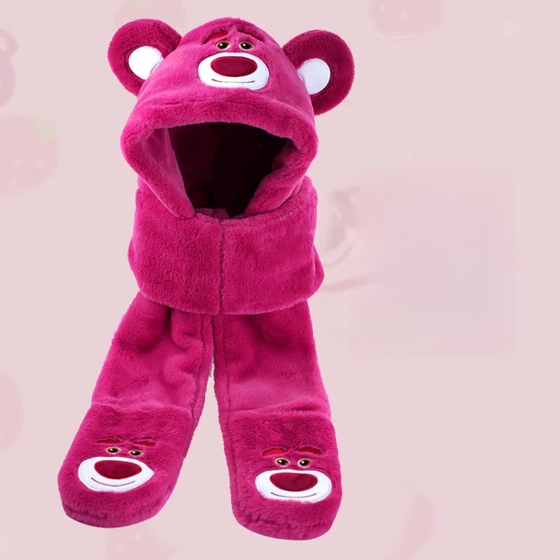 Miniso ديزني الأطفال قبعة وشاح قفازات مجموعة متكاملة الفتيات الخريف والشتاء الدافئة أفخم قبعة وشاح الفراولة الدب
