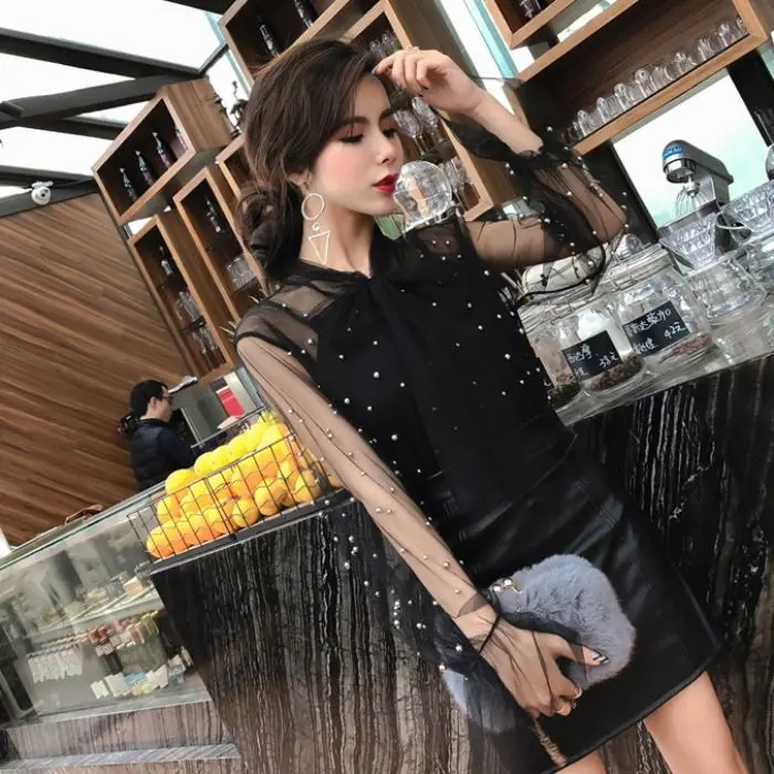 2024 Autumn New Korean Version Socialite Careful Machine Sexy Perspective Bow Versatile Nail Bead Mesh Top for Women