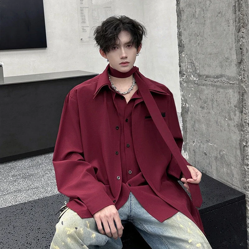 

Red Korean Style Retro Mens Shirt Lemaire Sash Layered Design Fake Two-Piece Shirt Loose Fit Long Sleeve Button Closure