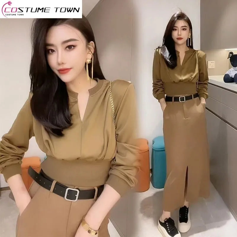 

2023 Fashion Set Women's Spring and Summer New Temperament Long Sleeve Shirt Slim Wrapped Hip Half Dress Two Piece Set Fashion