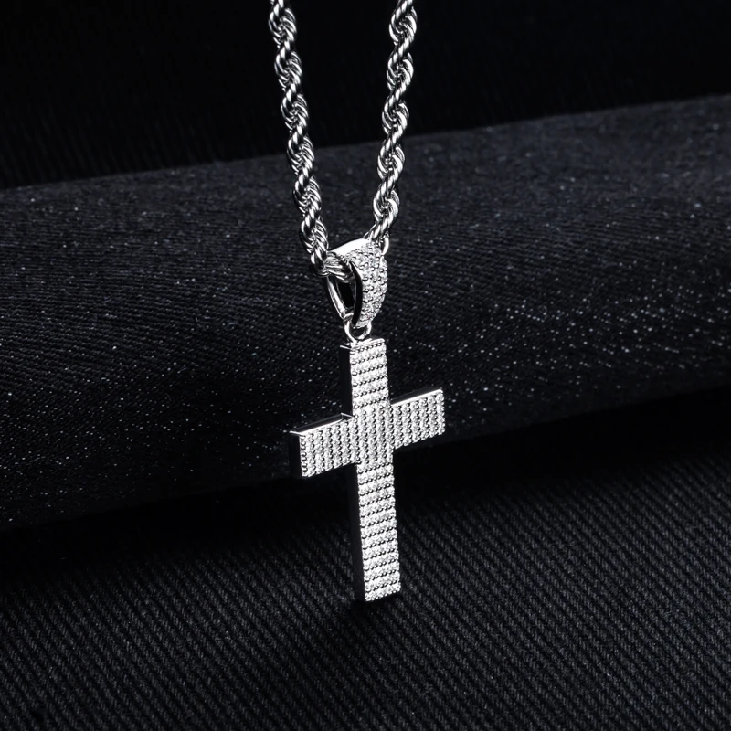 MossanRappr Moissanite Bling Cross Pendant Iced Out Hip Hop Necklace 925 Sterling Silver Punk Rock Jewelry Gifts for Men Women