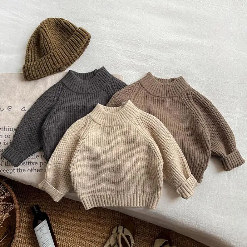 

2025 Autumn New Children Sweater Solid Baby Girls Knitted Pullover Kids Boys Casual Vintage Sweater Cotton Toddler Clothes