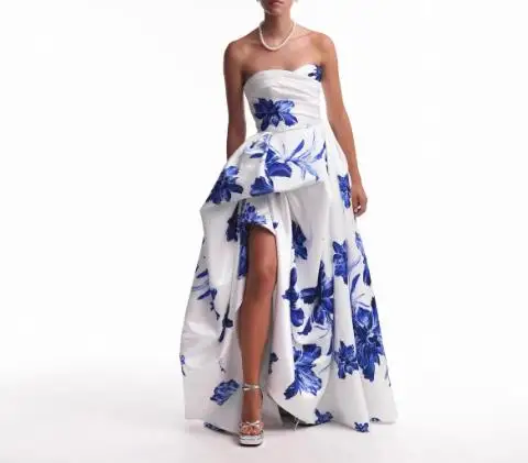 

Flower Print Cross Strapless Collar, Waist Cinching, Asymmetrical Skirt, A-Line Sleeveless Dress, Summer Women's Strapless Dress