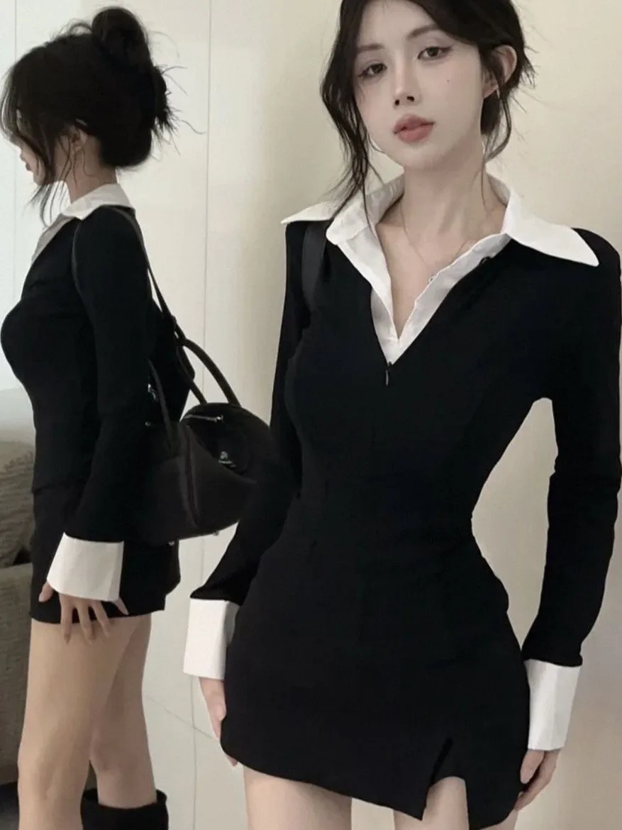 

Сексуальная женская весенняя мода с v-образным вырезом и воротником, уникальная повседневная рабочая одежда из двух предметов, длинная свеч, облегающая однотонная однотонная рабочая одежда