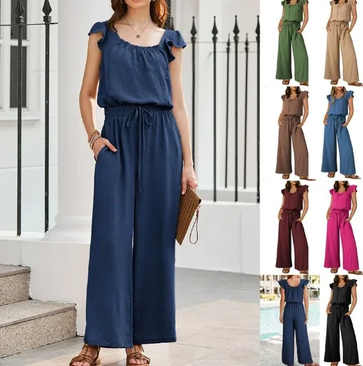 Women's Summer Jumpsuit Ruffle Sleeve Cap Sleeve Woven Jumpsuits High Waist Wide Leg Pants Romper Square Neck Solid Color Long