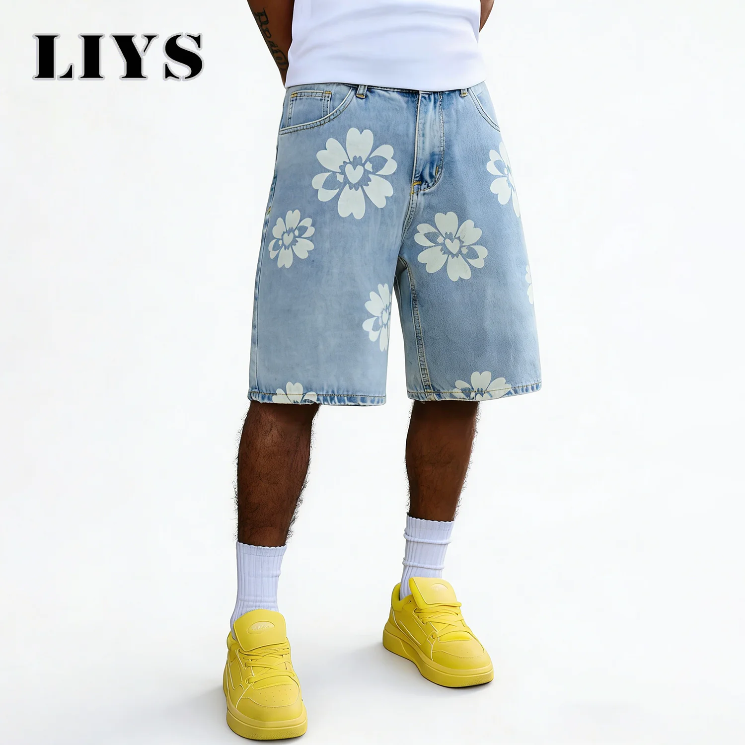 Calças Jeans Masculinas de Perna Larga com Estampa Floral Estilo Delicado e Moderno LIYS, Bermuda Jeans Casual Elegante Y2K, Calças para Casal