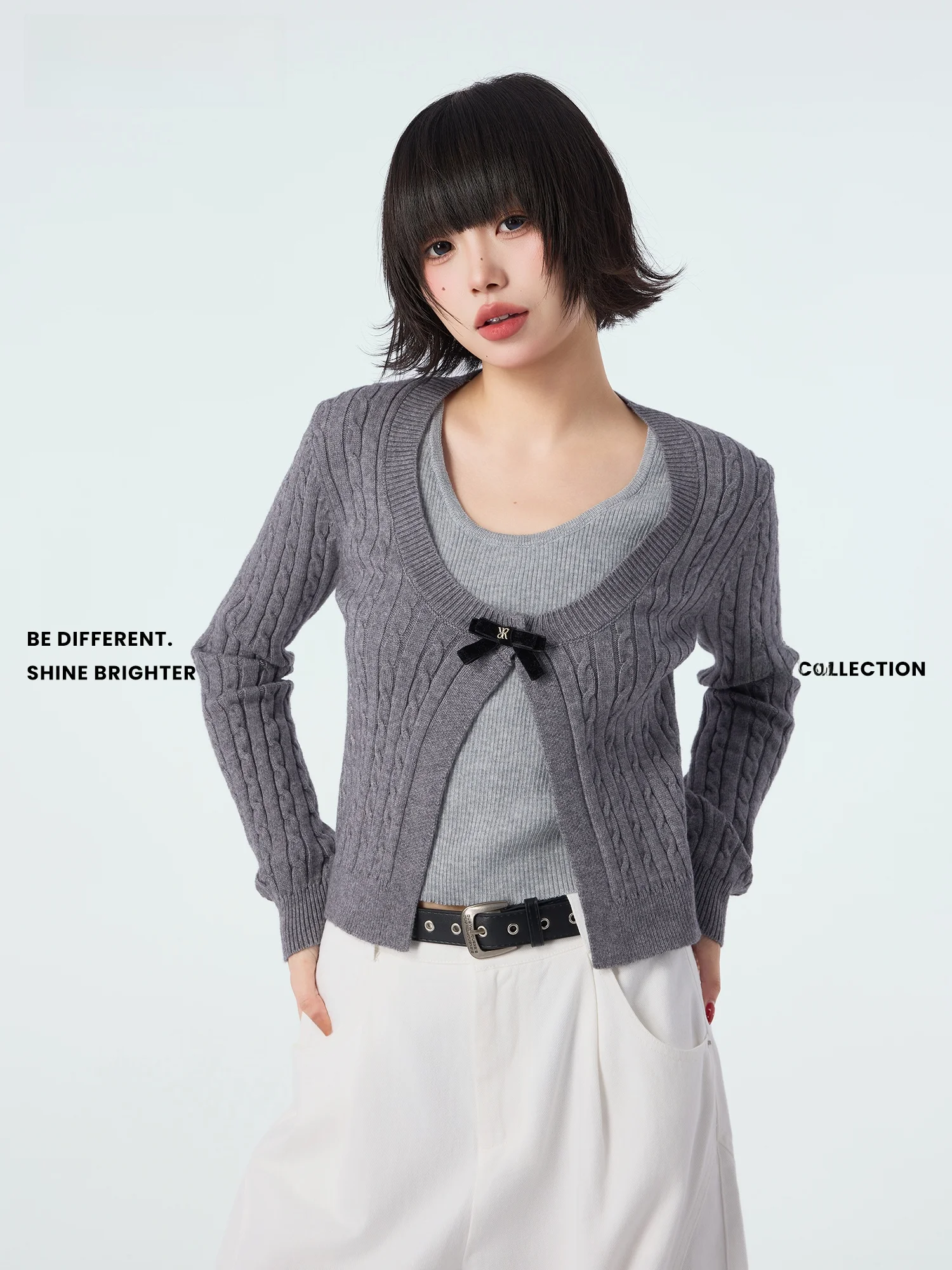 

Вязаный кардиган с длинными рукавами и открытыми плечами в студенческом стиле, имитация двухслойности, женский, из полиэстера, весенняя новинка