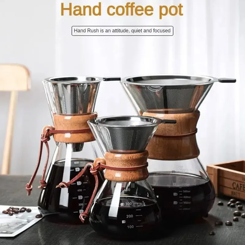 Hand Glass Coffee Kettle with Stainless Steel Filter Drip Brewing Hot Brewer Coffee Pot Dripper Barista Pour Over Coffee Maker