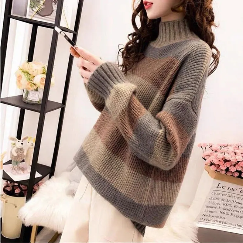 Female Clothing Half High Collar Jumpers Casual Loose Striped Spliced Korean All-match Straight Autumn Winter Knitted Sweaters