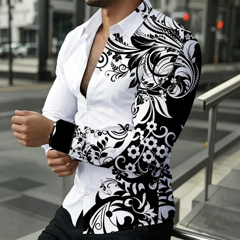 Men's Slim Fit Lapel Long Sleeved Shirt, Navy Style Boat Anchor Wave Print, Outdoor Casual Men's Top, Comfortable Fabric XS-6XL